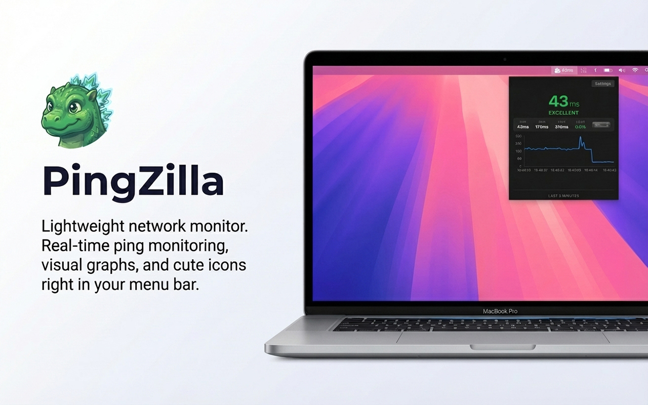 PingZilla app showing network latency monitoring on macOS desktop